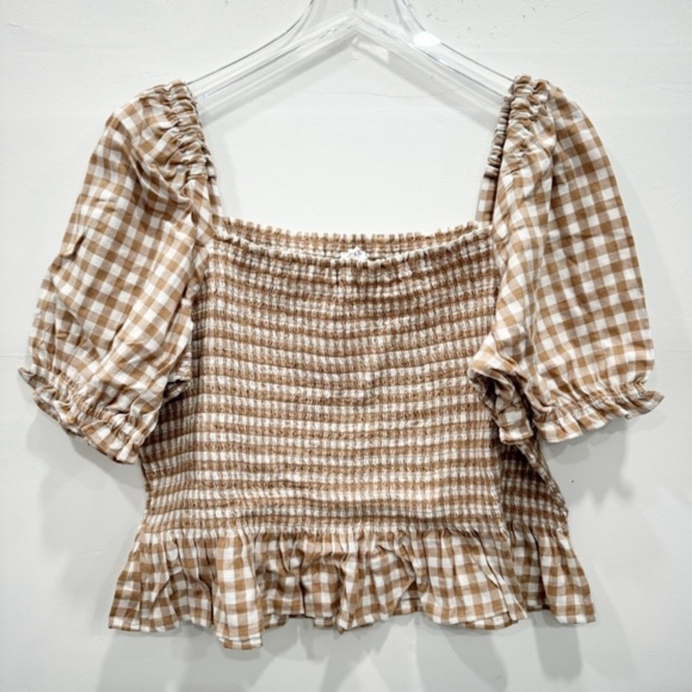 J. Crew Factory Gingham Puff Sleeve Smocked Top Peplum Hem XXL